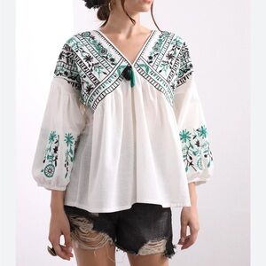 White embroidered v neck boho cotton blouse